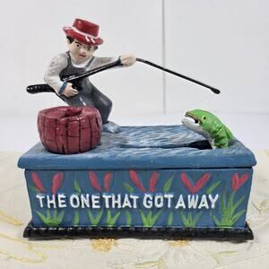 Vintage Cast Iron Mechanical Bank The One That Got Away Fishing Fish Coin Bank